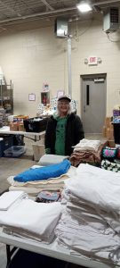 Patriot with donated linens.
